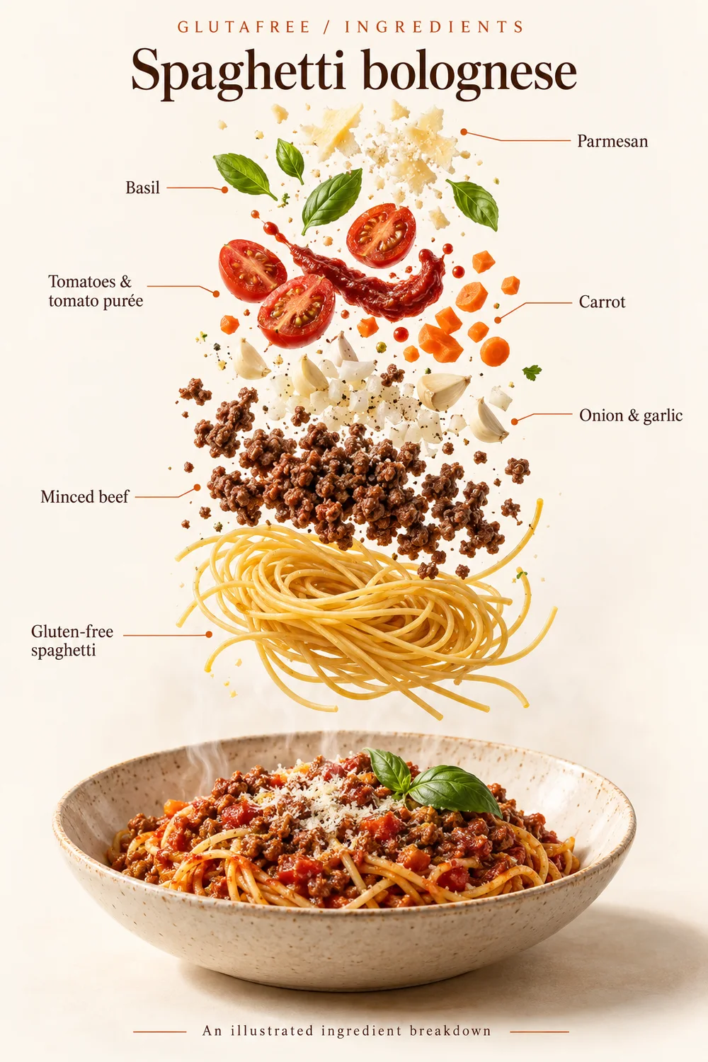Exploded ingredient illustration for spaghetti bolognese; the written recipe provides the full list and quantities.