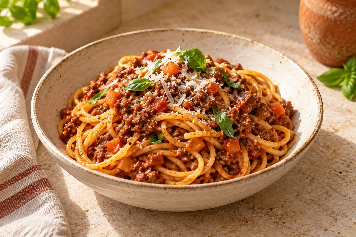 Finished spaghetti bolognese in the GlutaFree kitchen style.