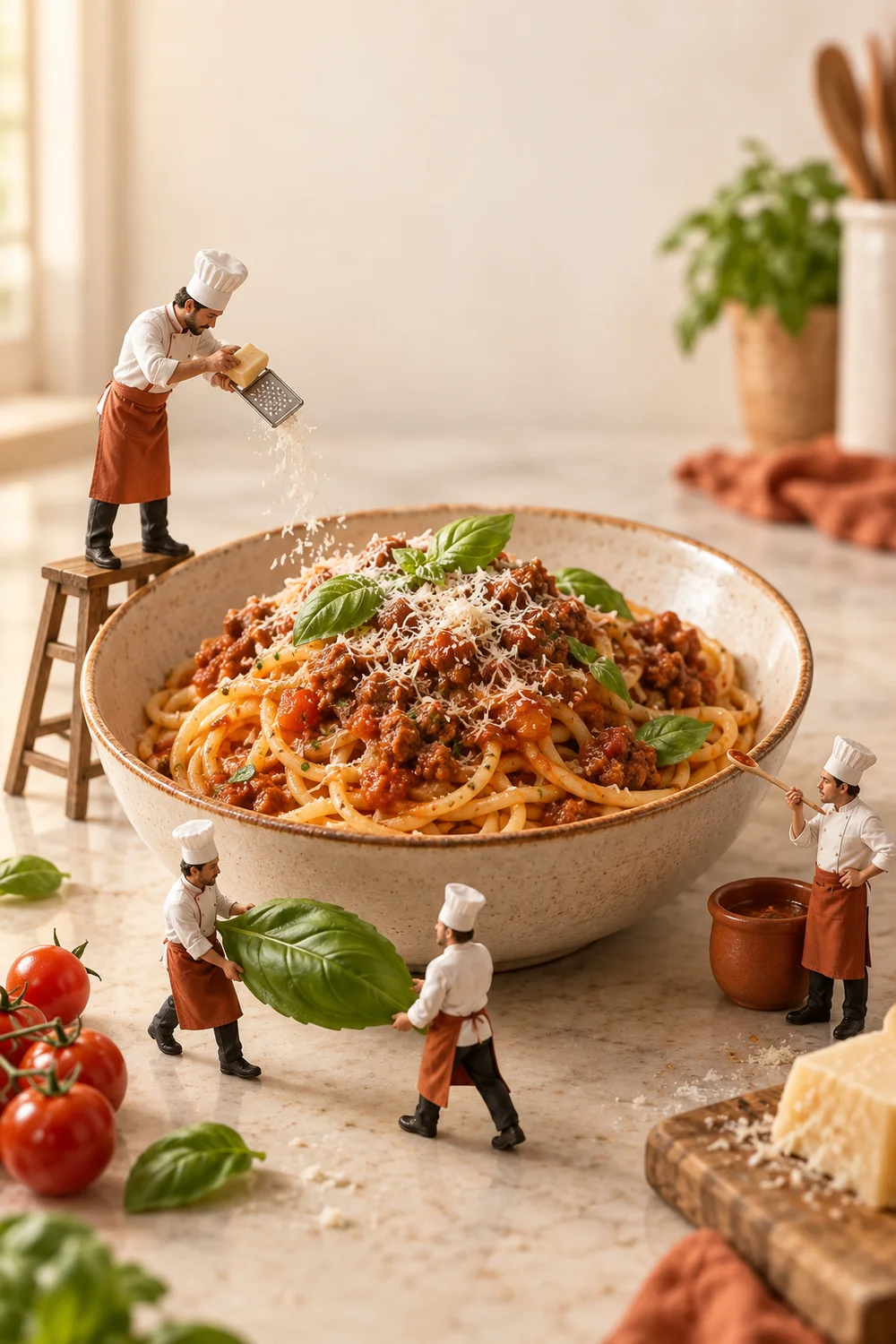 Four miniature chefs finish a giant bowl of spaghetti bolognese.